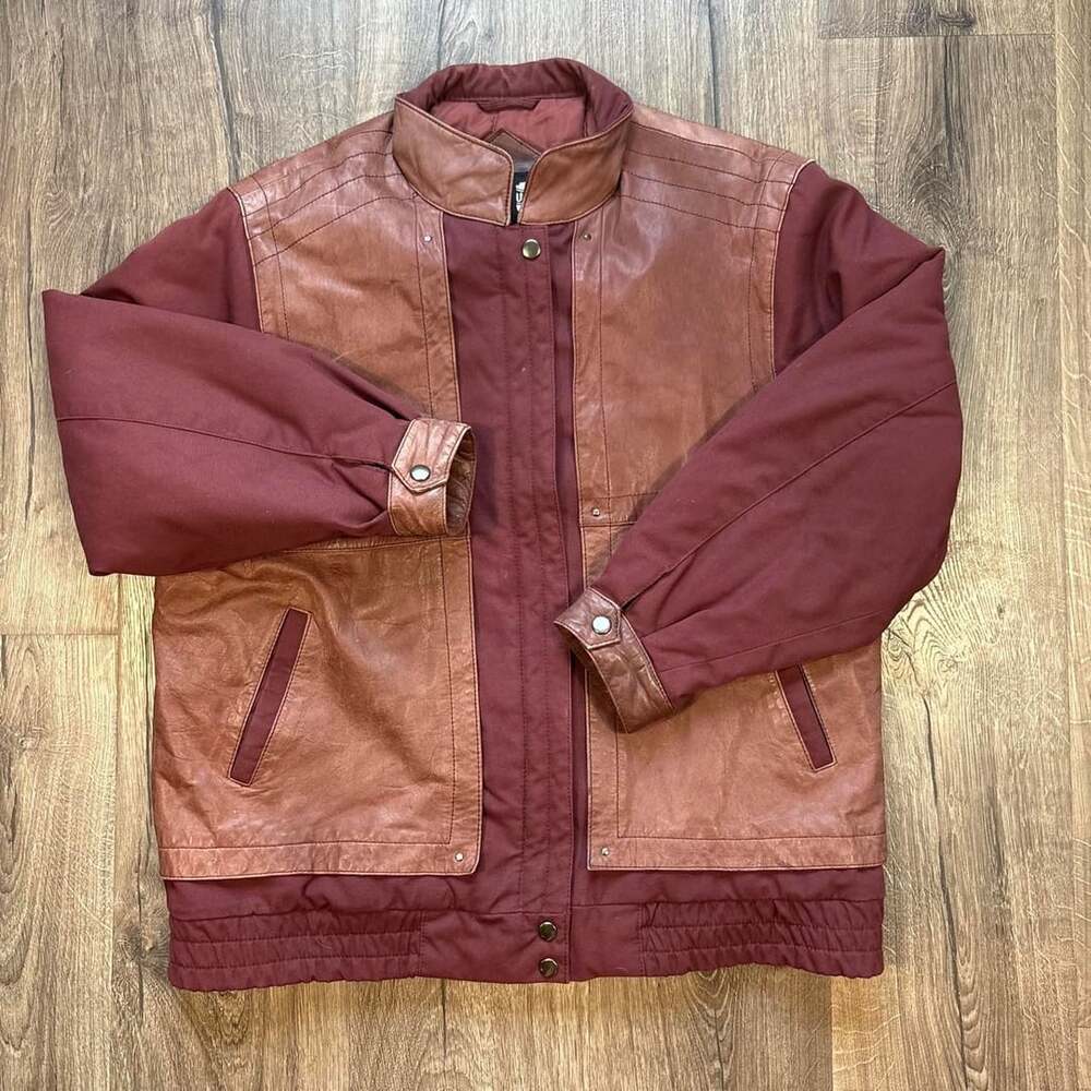 Leather Crest Leather Panel Jacket Size 13/14 Burgundy Canvas